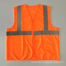De alta calidad fluorescente naranja ANSI 107 malla de chaleco reflectante cremallera cierre con bolsillos